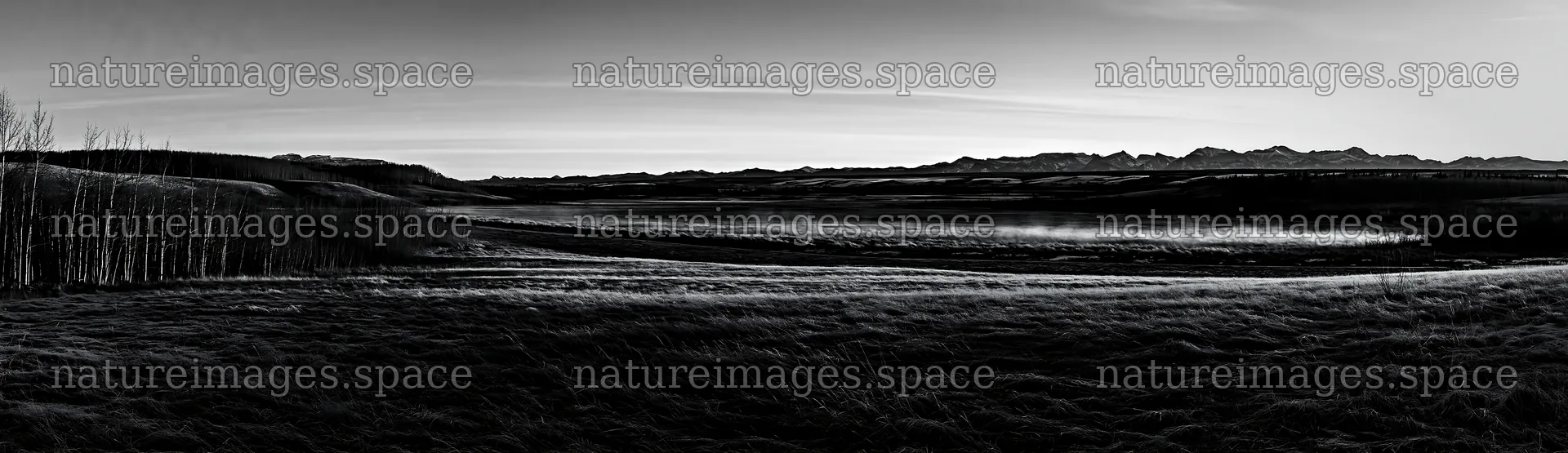 Frosty meadow at sunrise with mountain backdrop – nature images 14762x4268