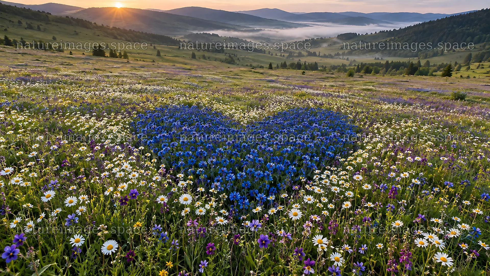 Heart-Shaped Blue Flowers in a Mountain Meadow – nature images 10324x5812