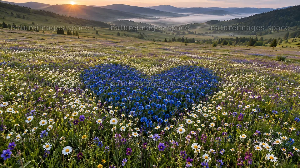 Heart-Shaped Blue Flowers in a Mountain Meadow – nature images 10324x5812