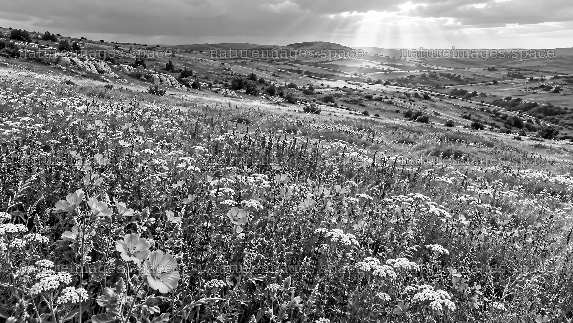 Monochrome Wildflower Meadow Beneath Sunbeams – nature images 10324x5812