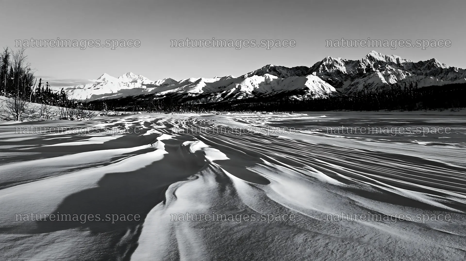 Snowbound meadow with snow-covered mountains in winter – nature images 10608x5938
