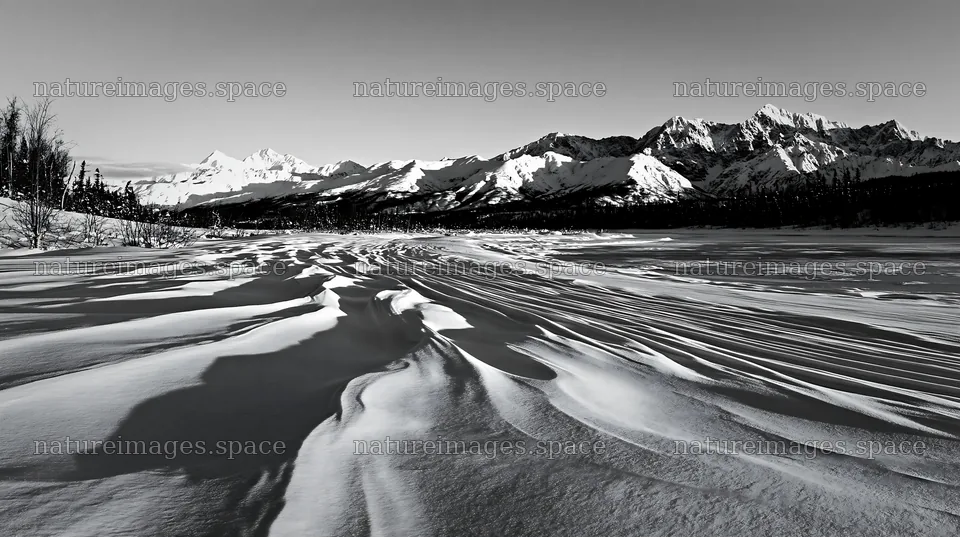Snowbound meadow with snow-covered mountains in winter – nature images 10608x5938