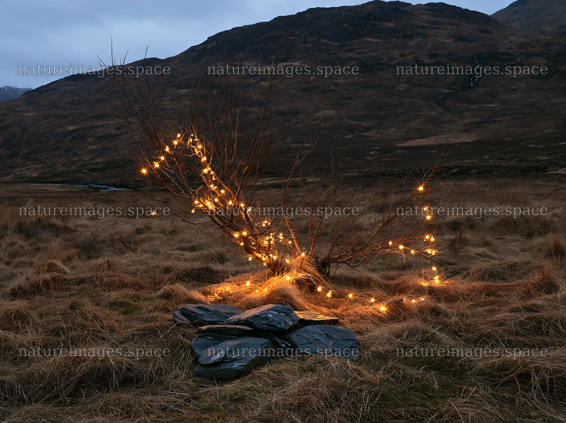 Expansive Christmas meadow with lights and stones – nature images 9174x6866