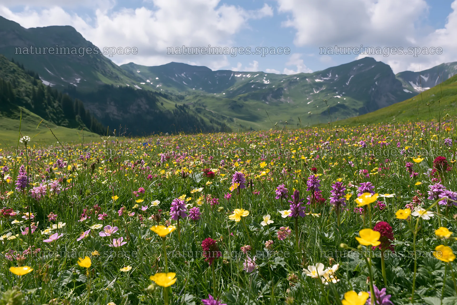 Colorful orchid meadow with mountains under a blue sky – nature images 9722x6480