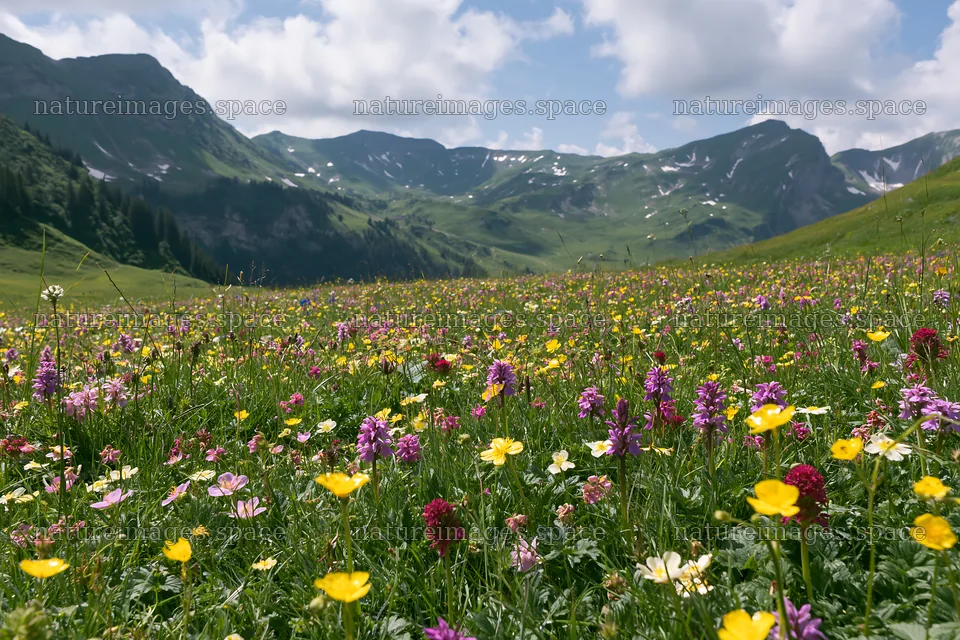 Colorful orchid meadow with mountains under a blue sky – nature images 9722x6480