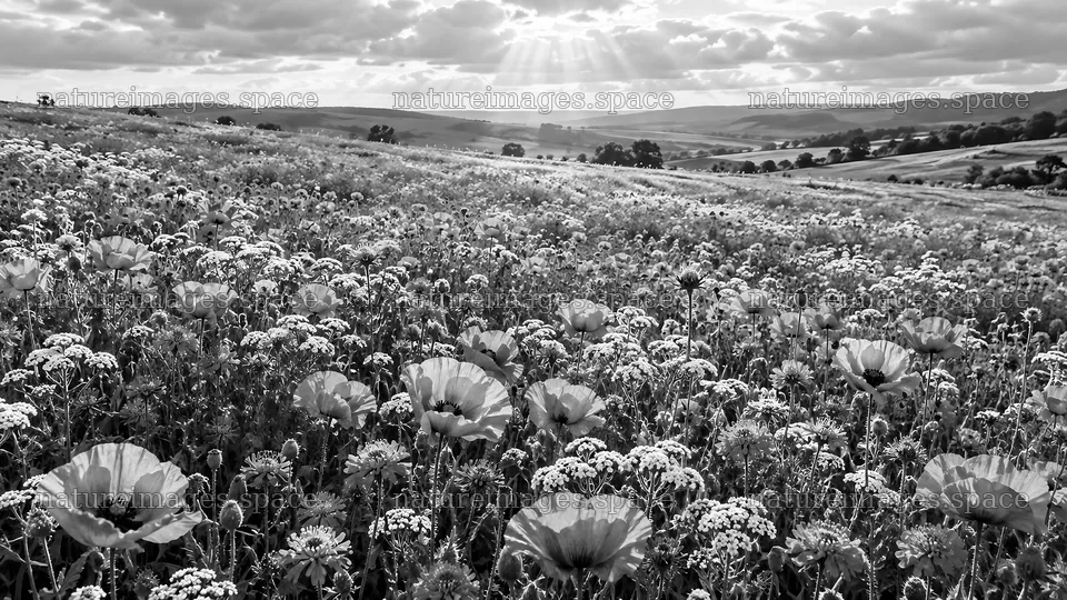 Monochrome Wildflower Field Beneath Sun Rays – nature images 10324x5812
