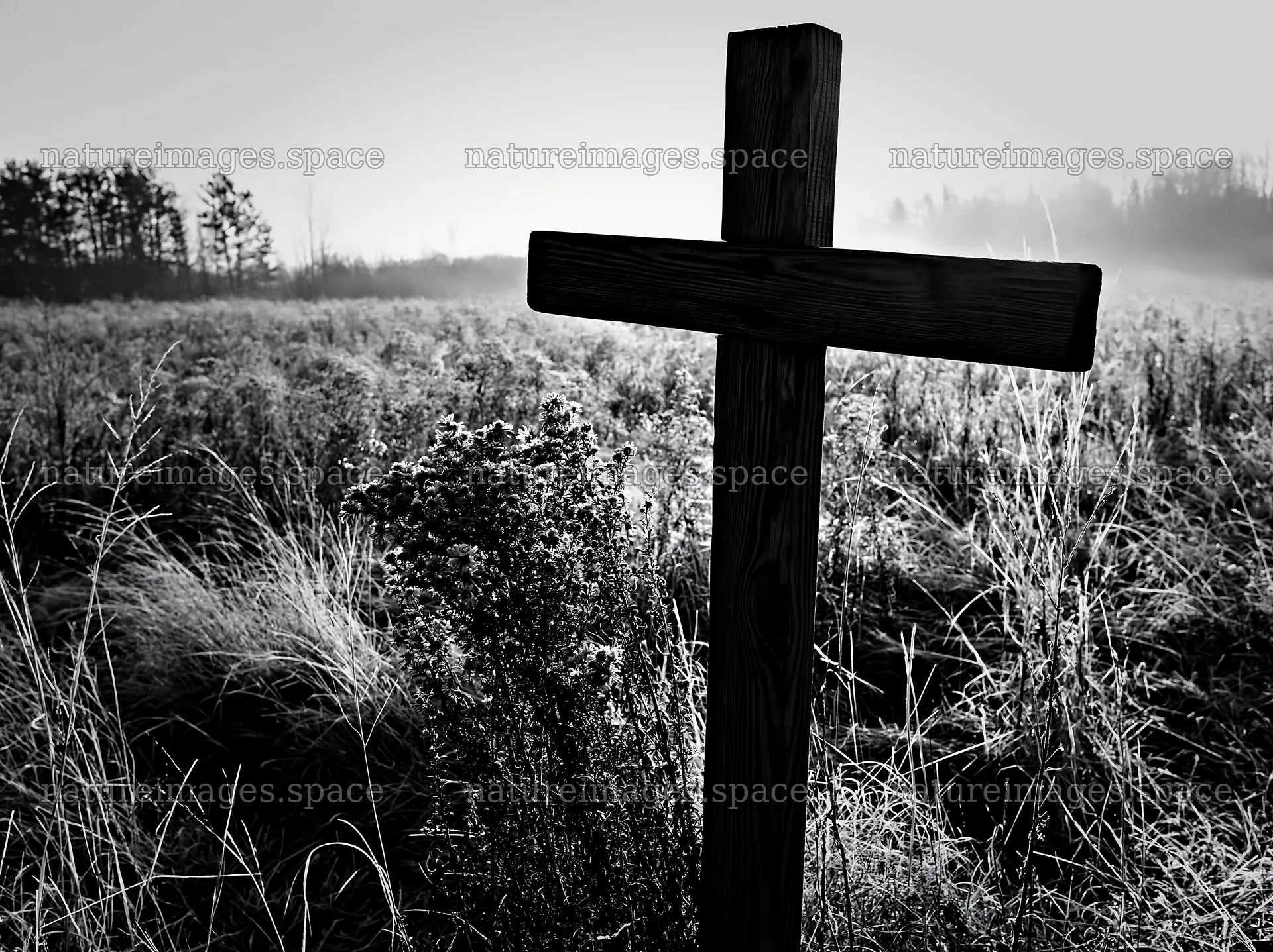 Wooden Christian cross in meadow at Christmas time – nature images 9174x6866