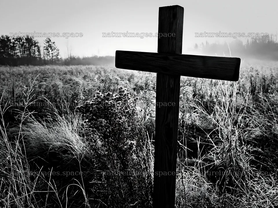Wooden Christian cross in meadow at Christmas time – nature images 9174x6866