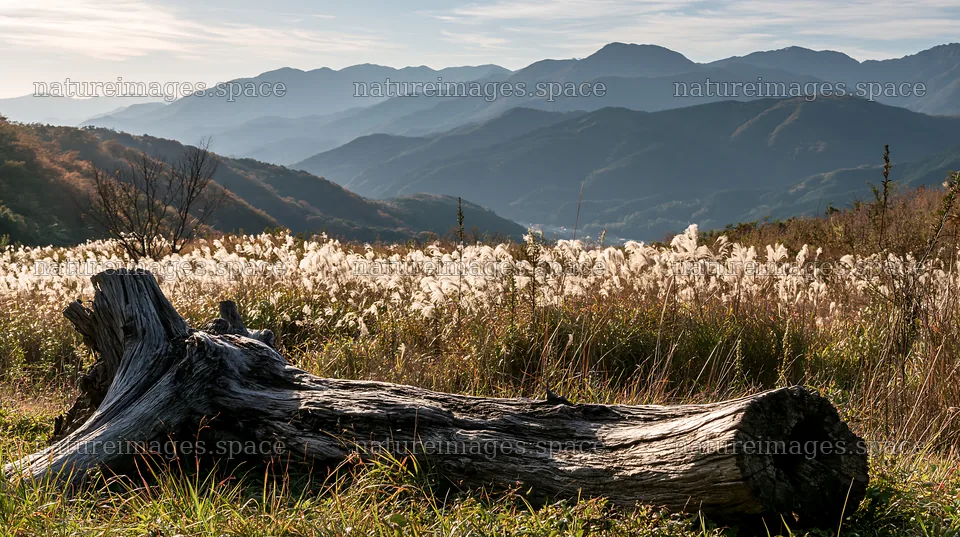 Wakayama autumn meadow with weathered wood in foreground – nature images 10608x5938