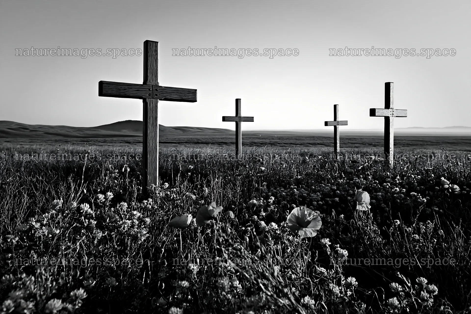 Four wooden crosses in Advent meadow at sunset – nature images 9722x6480