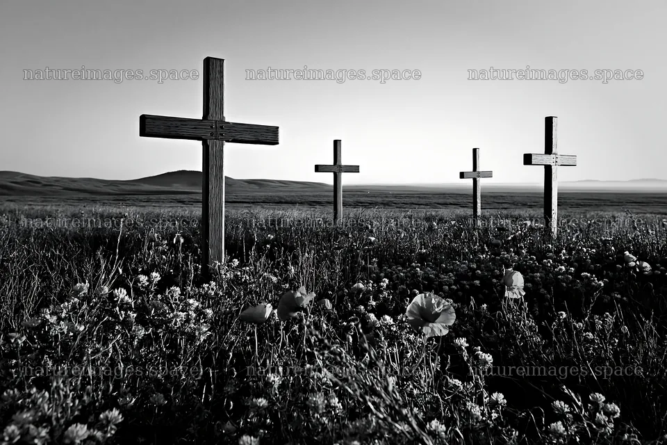 Four wooden crosses in Advent meadow at sunset – nature images 9722x6480