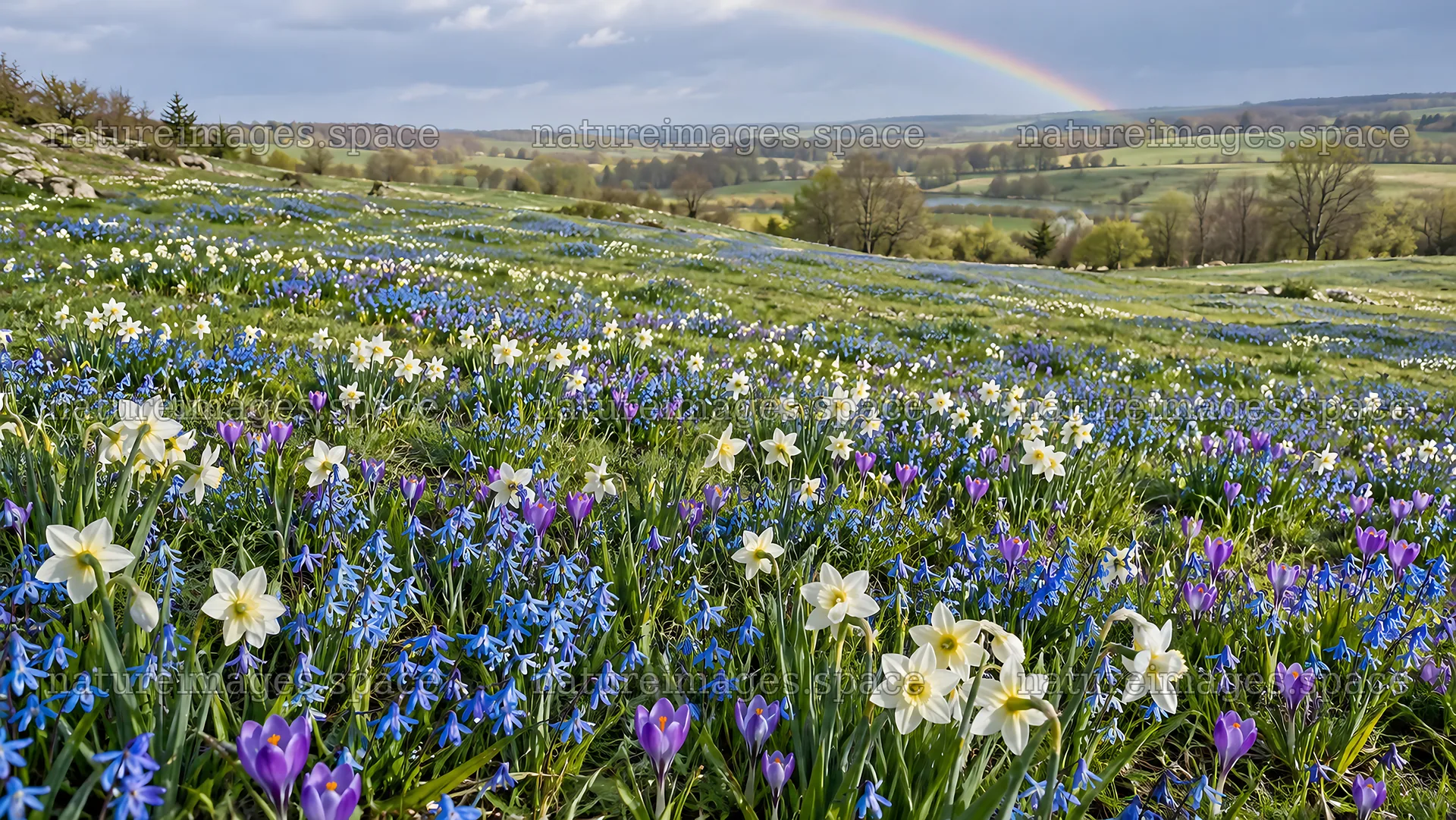 Spring Bulbs Across a Flowering Hillside – nature images 10324x5812