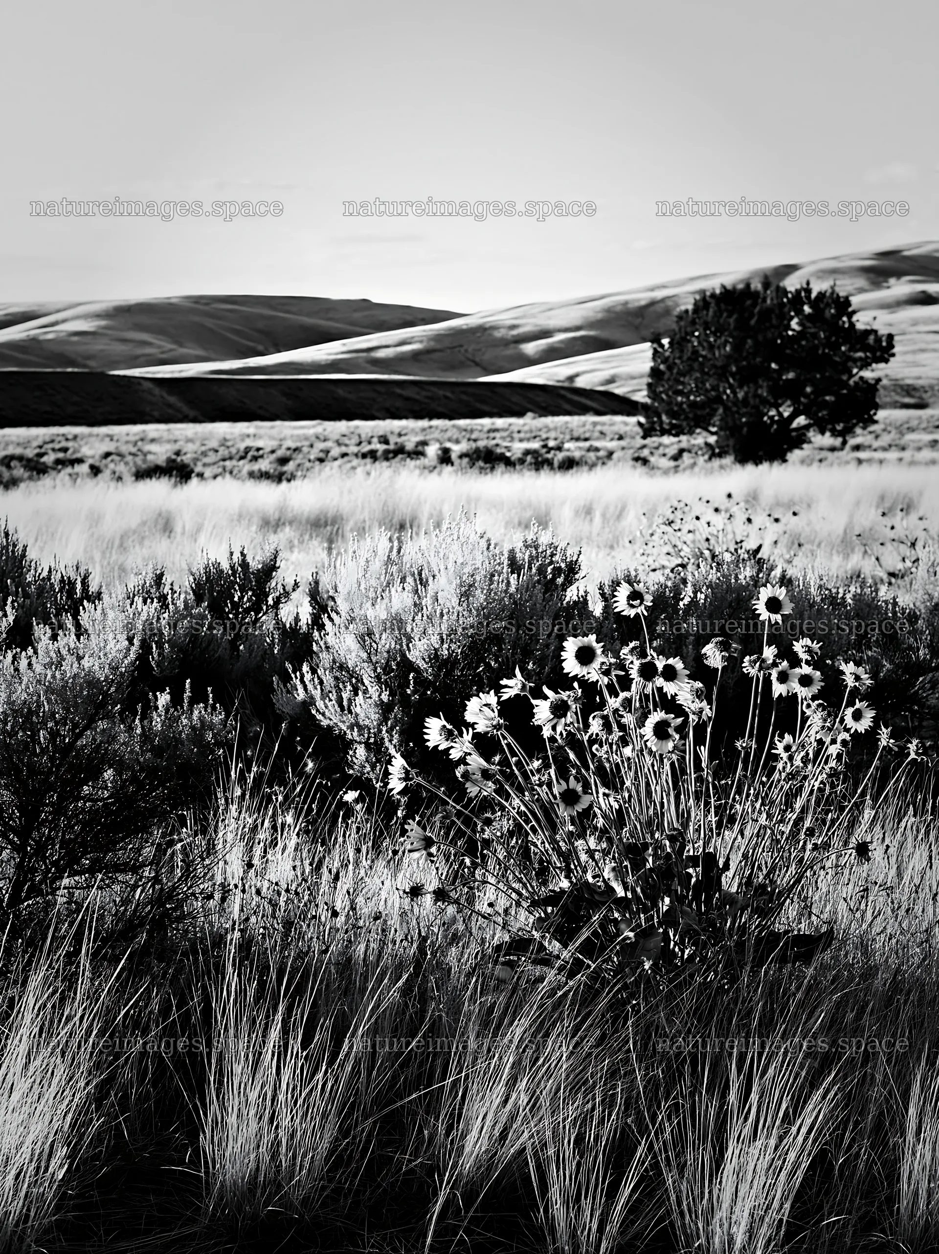 Sagebrush meadow light highlights sunflowers under blue skies – nature images 6866x9174