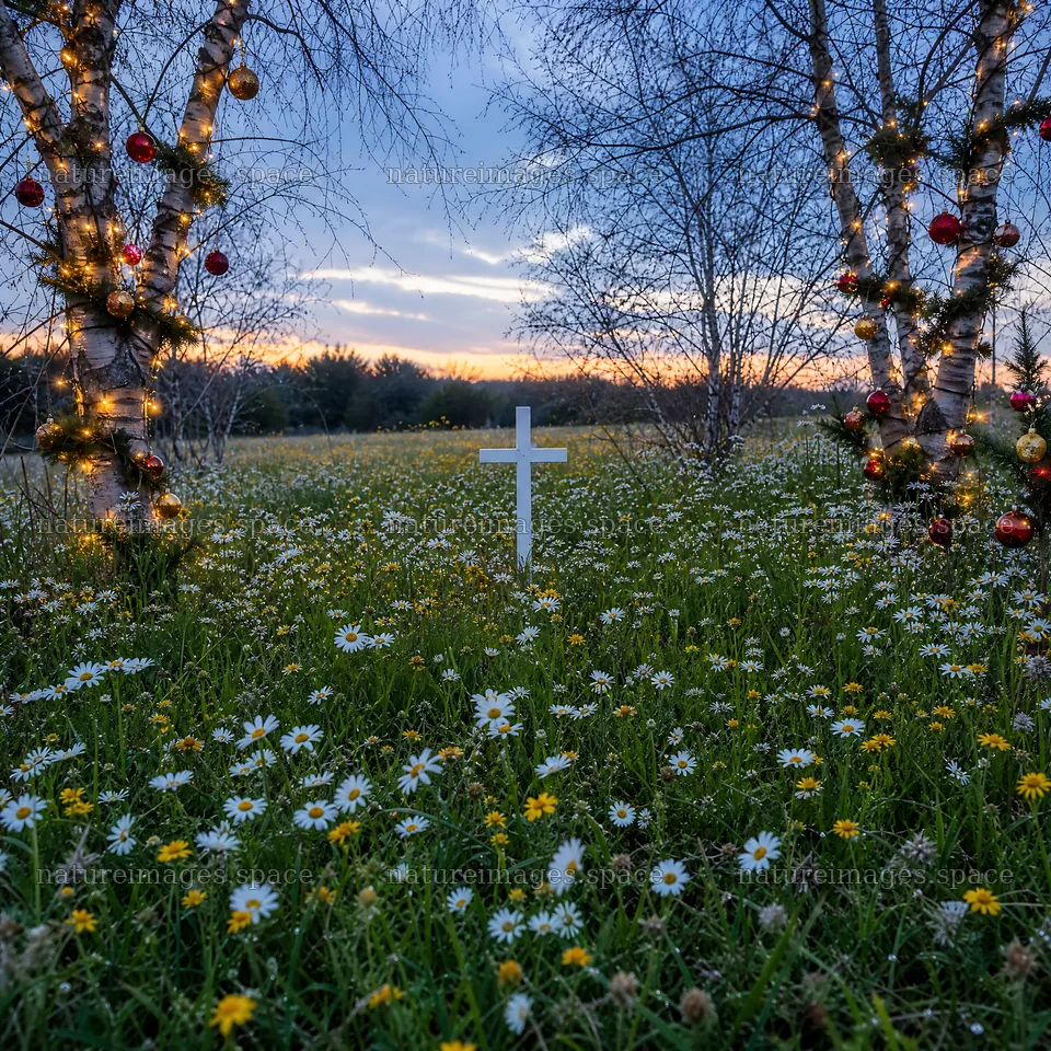White cross in wildflower meadow at sunset – nature images 7938x7938