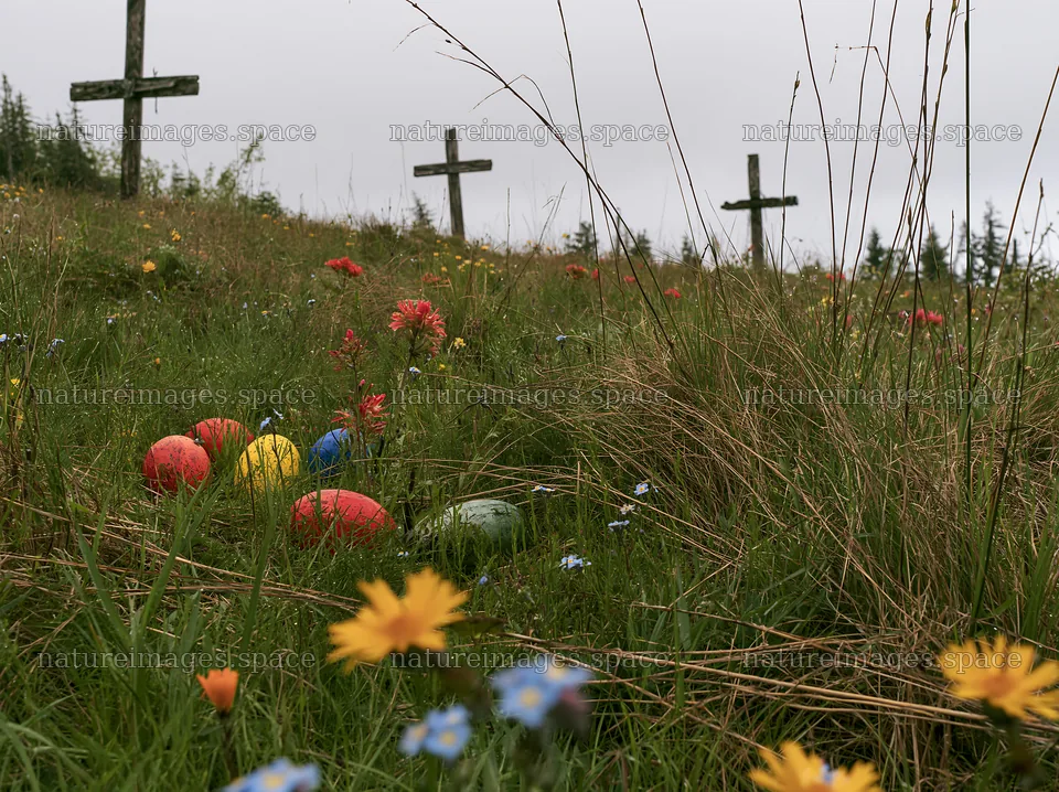 Christian crosses in rain soaked meadow with colorful balls – nature images 9174x6866