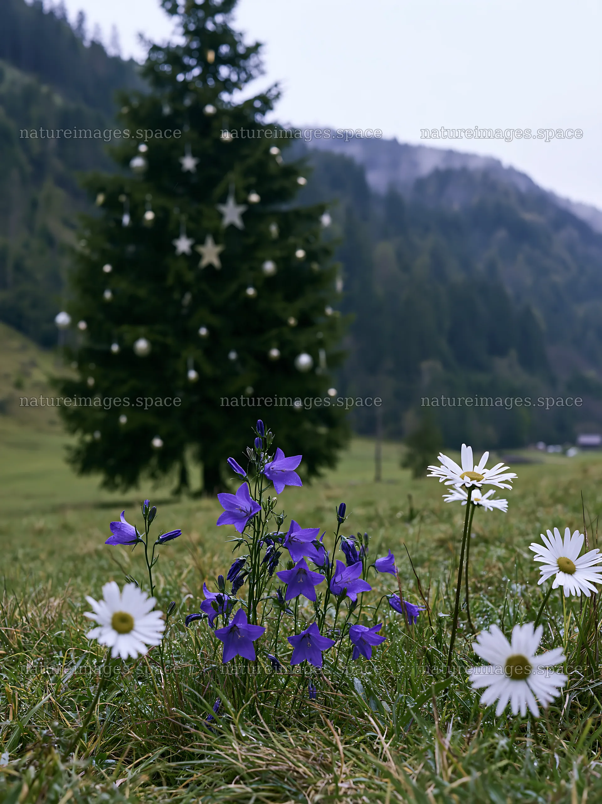Christmas tree with ornaments in valley meadow with flowers – nature images 6866x9174
