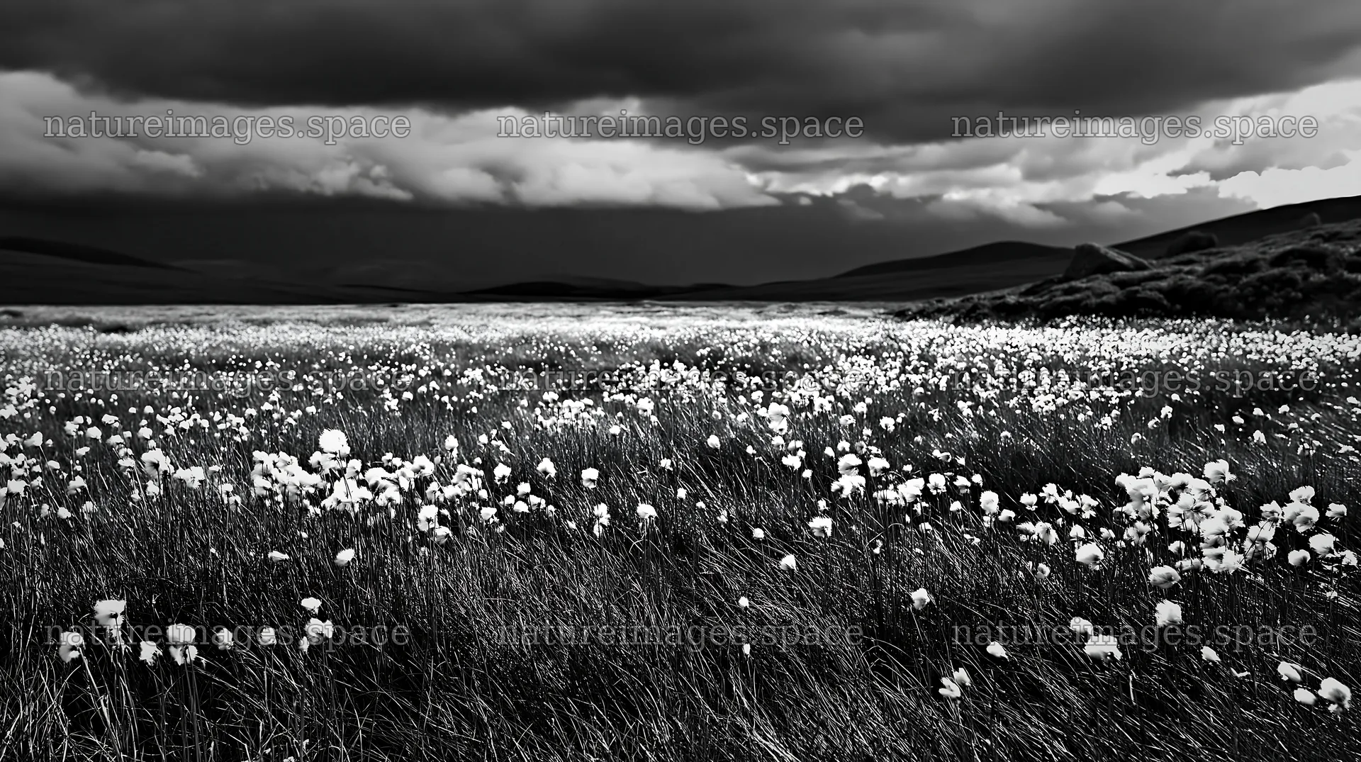 Cottongrass meadow under dark clouds – nature images 10608x5938