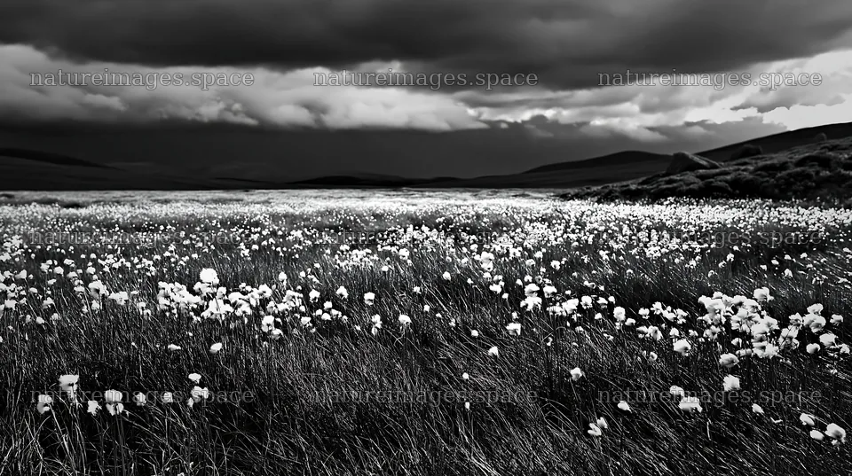 Cottongrass meadow under dark clouds – nature images 10608x5938