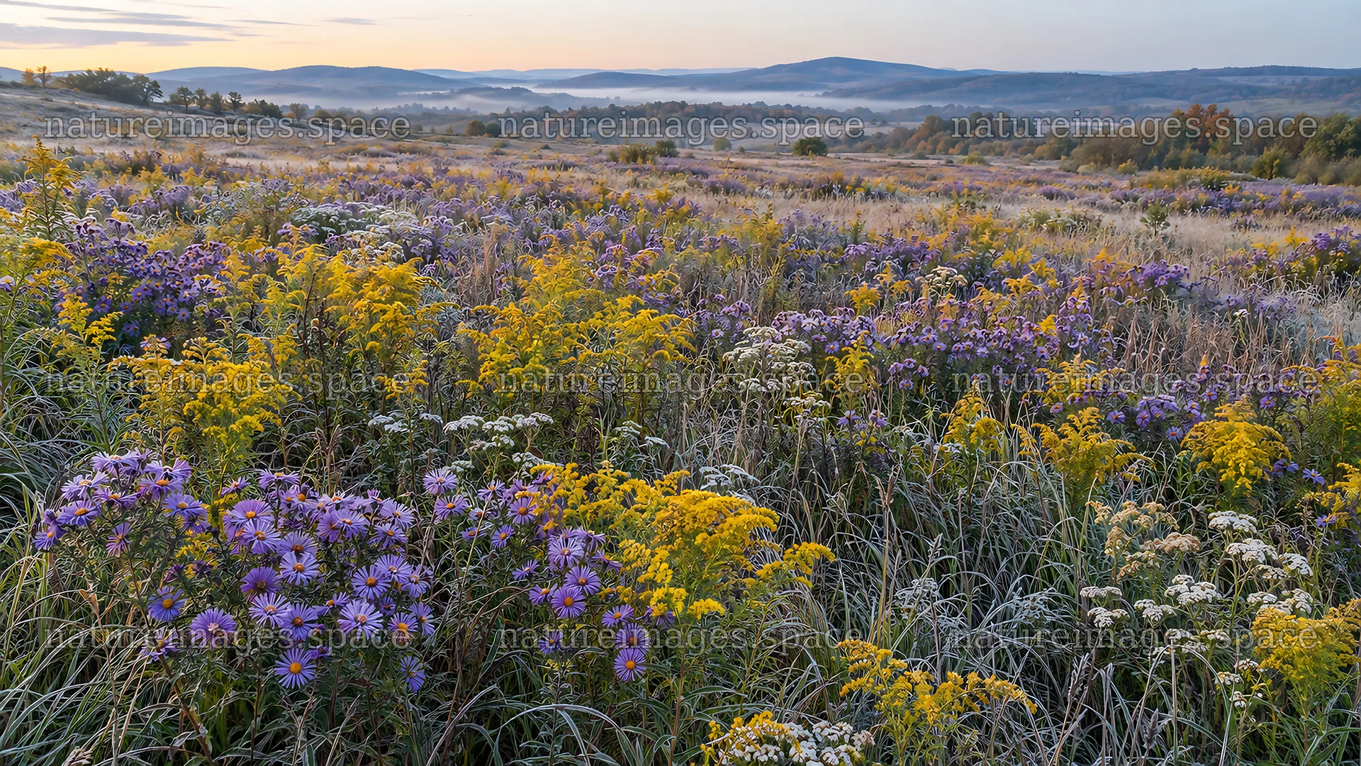 Wildflower Meadow Beneath Misty Hills – nature images 10324x5812