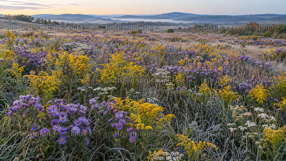 Wildflower Meadow Beneath Misty Hills – nature images 10324x5812