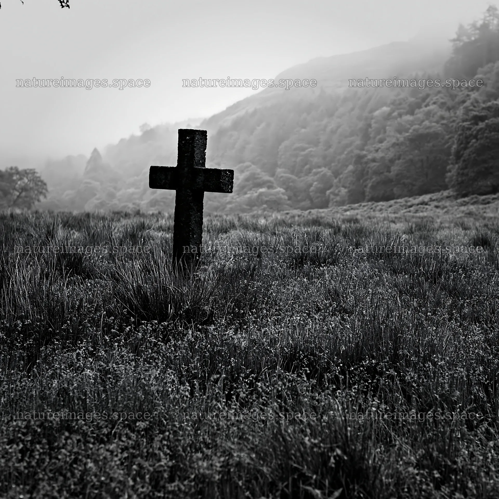 Christian cross stands in meadow with trees and hills – nature images 7938x7938