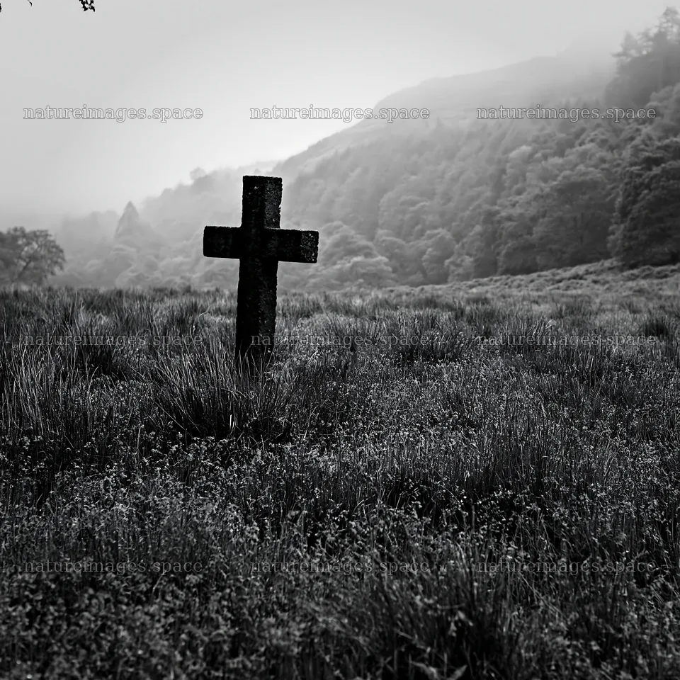 Christian cross stands in meadow with trees and hills – nature images 7938x7938