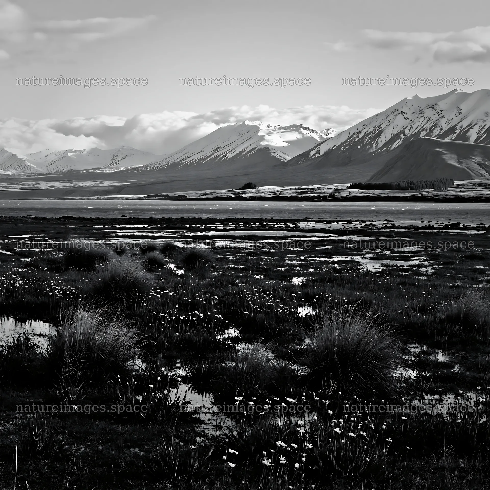 Meadow with flowers and snowy Alps at Lake Tekapo – nature images 7938x7938