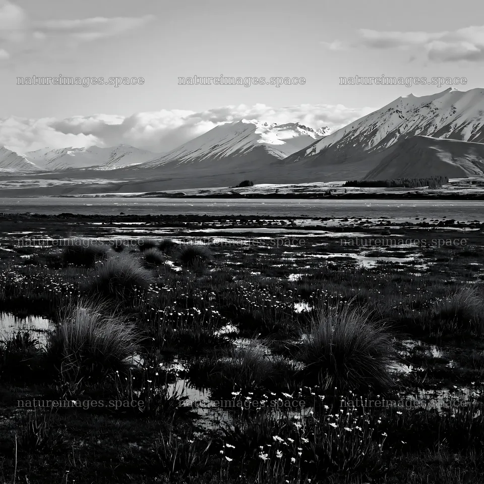 Meadow with flowers and snowy Alps at Lake Tekapo – nature images 7938x7938