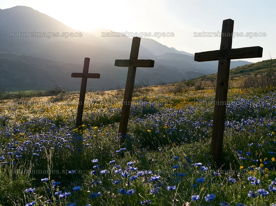 Rustic crosses in meadow with flowers and backlight – nature images 9174x6866