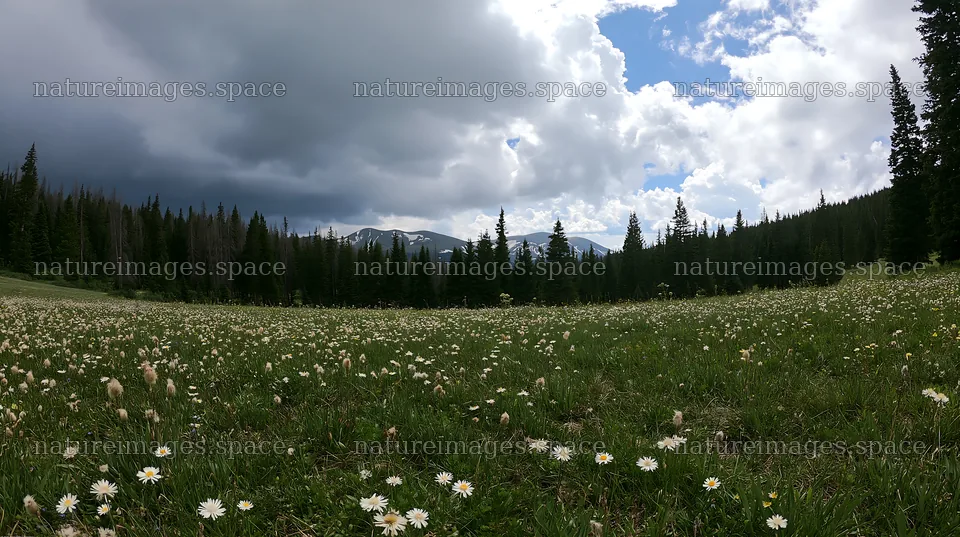 Meadow with seedheads and trees under a cloudy sky – nature images 10608x5938
