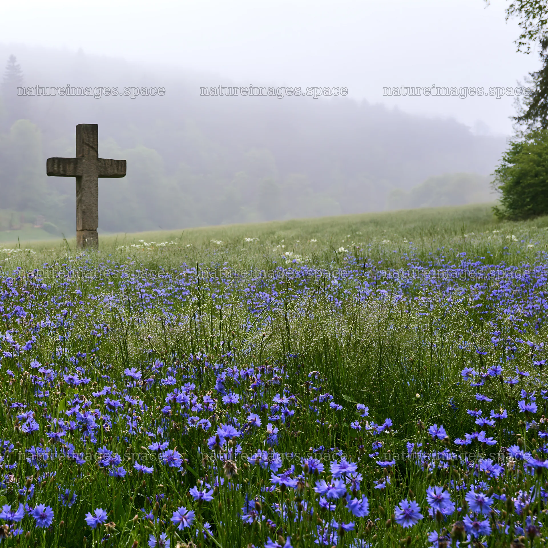 Christian cross in a meadow with blue flowers – nature images 7938x7938