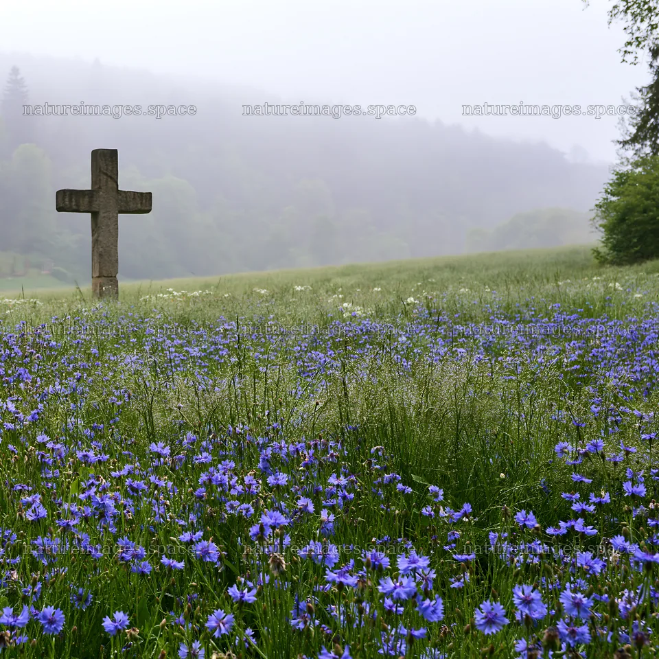 Christian cross in a meadow with blue flowers – nature images 7938x7938