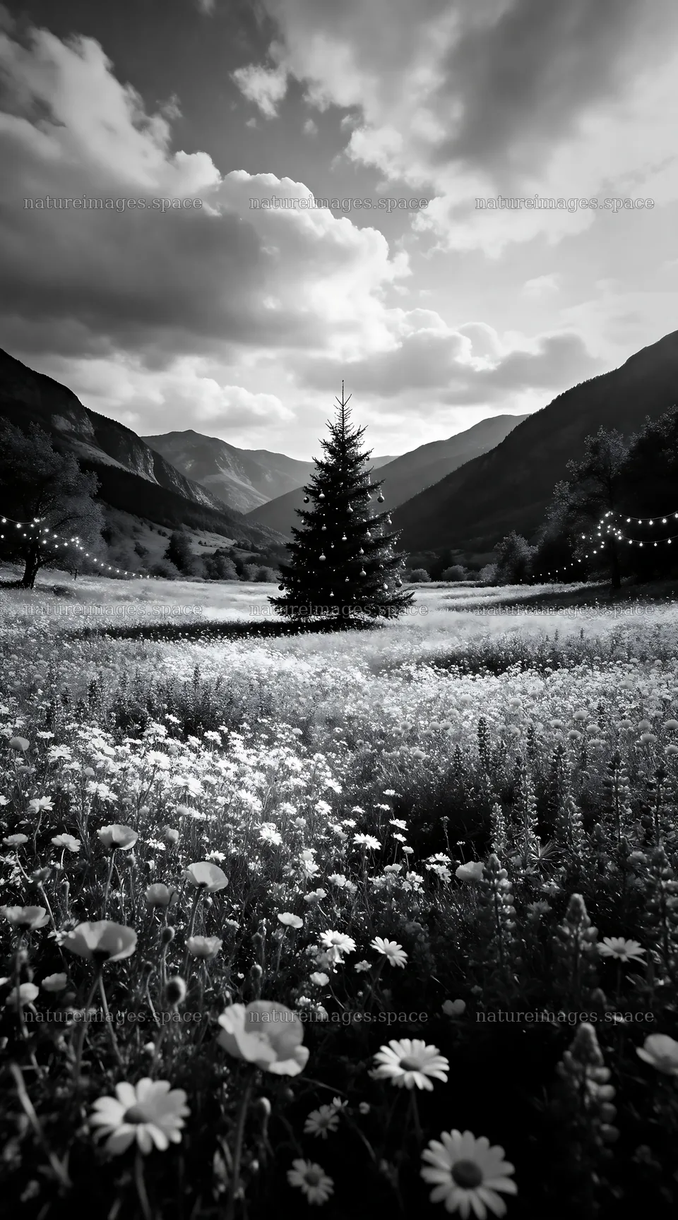 Christmas tree in a mountain valley meadow with flowers – nature images 5916x10648