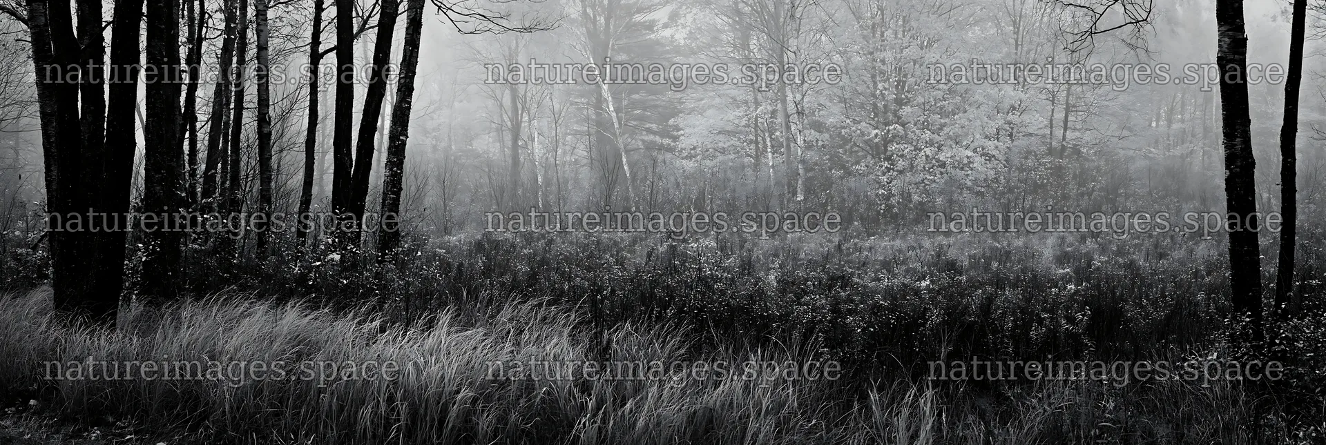 Misty forest meadow with tall grass and colorful trees – nature images 13690x4602