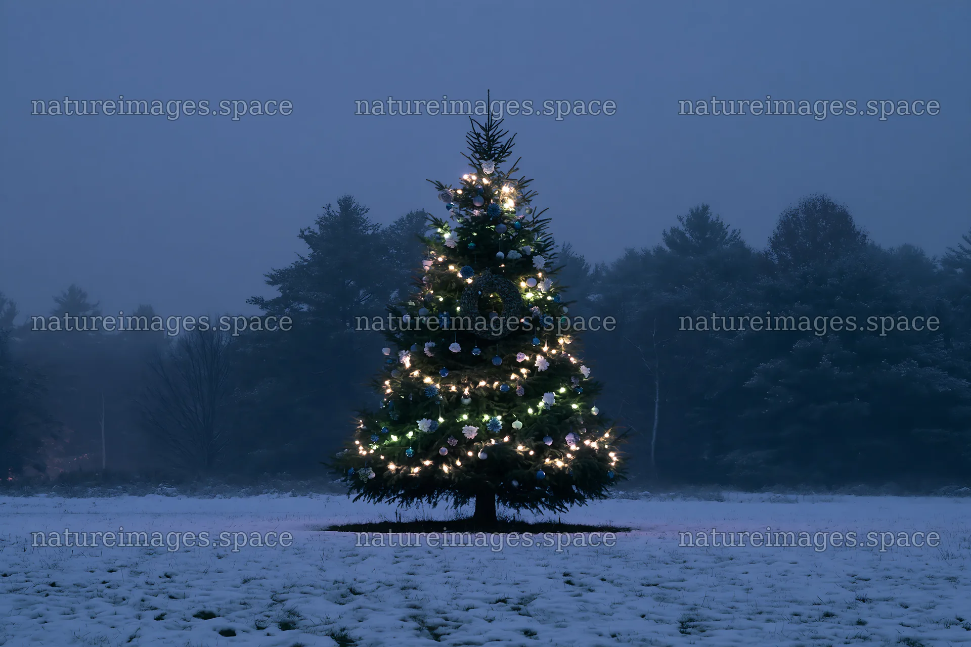 Decorated Christmas tree in snowy meadow at night – nature images 9722x6480