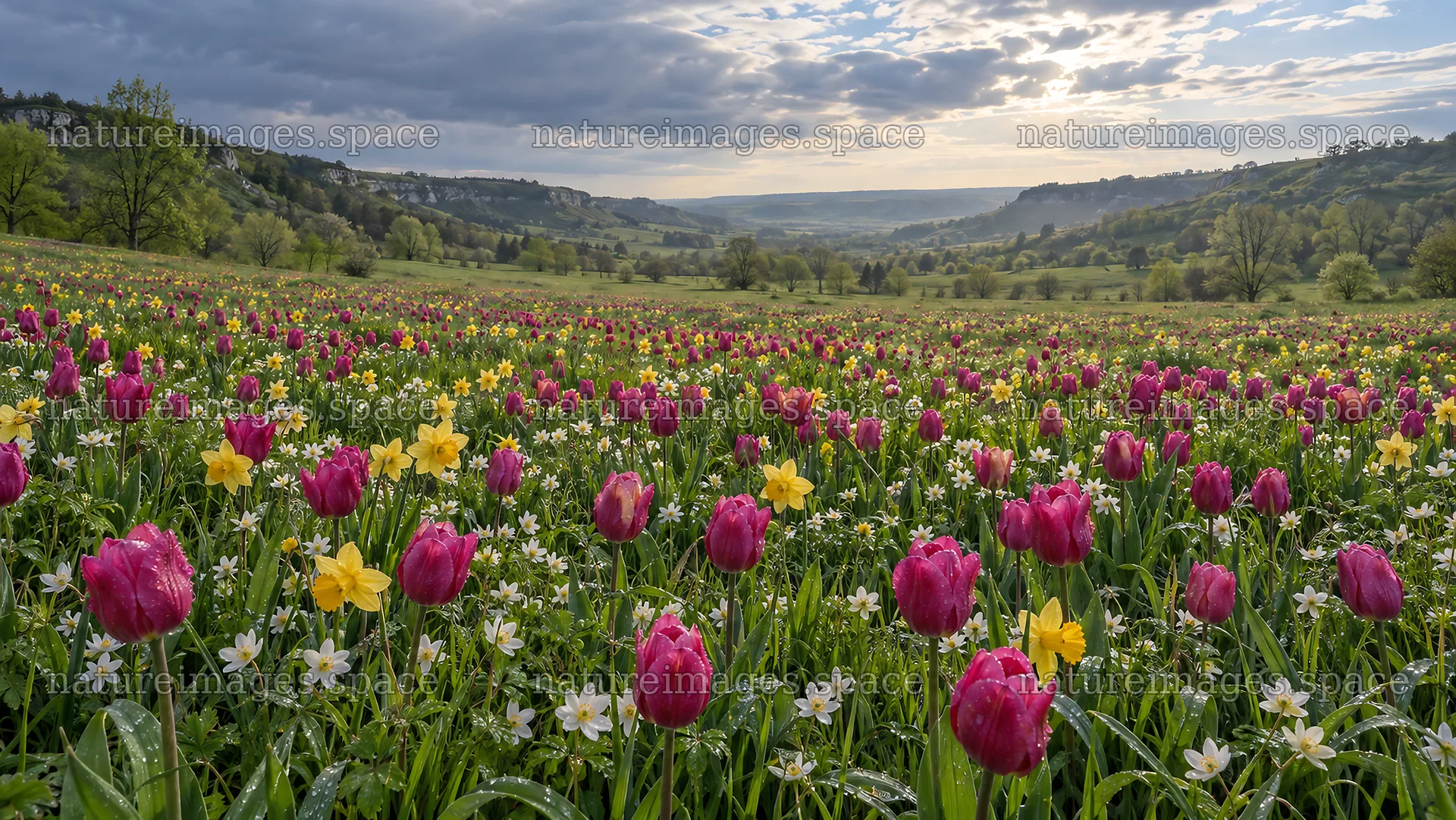 Pink Tulips and Spring Bulbs in a Valley – nature images 10324x5812