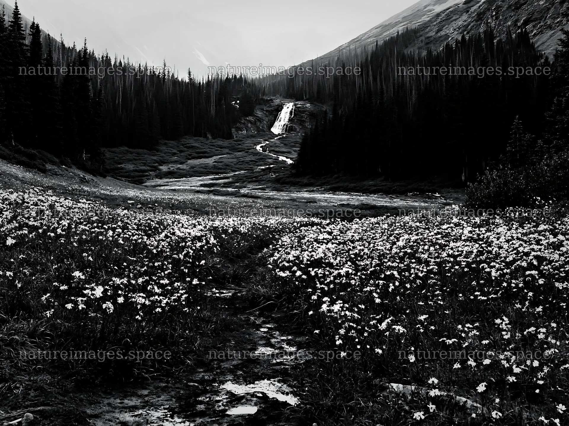 Misty mountain waterfall in a meadow with blooming flowers – nature images 9174x6866