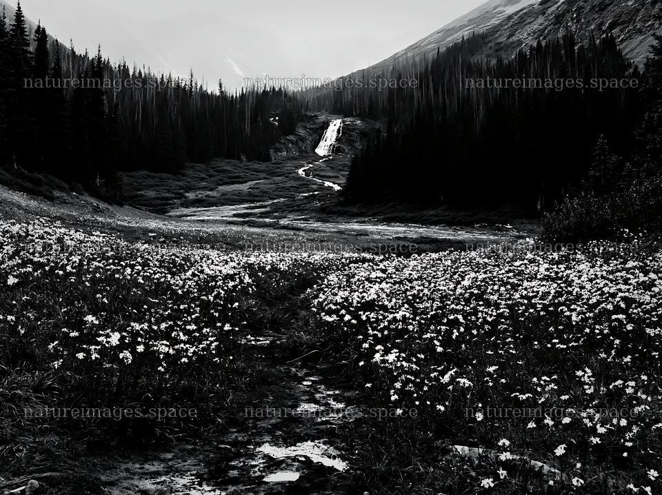 Misty mountain waterfall in a meadow with blooming flowers – nature images 9174x6866