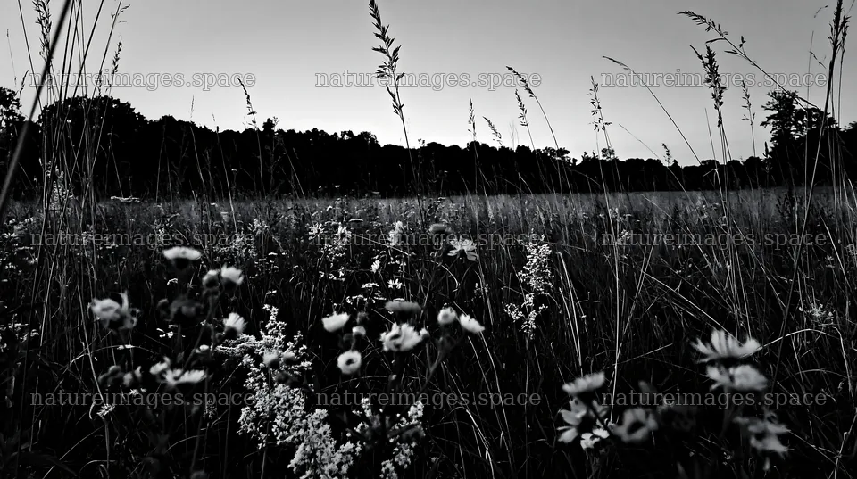 Tall grass meadow with wildflowers and evening sky – nature images 10608x5938