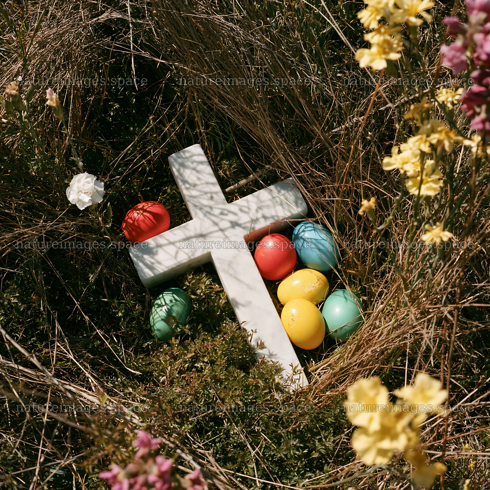 White Christian cross and Easter eggs in a meadow – nature images 7938x7938