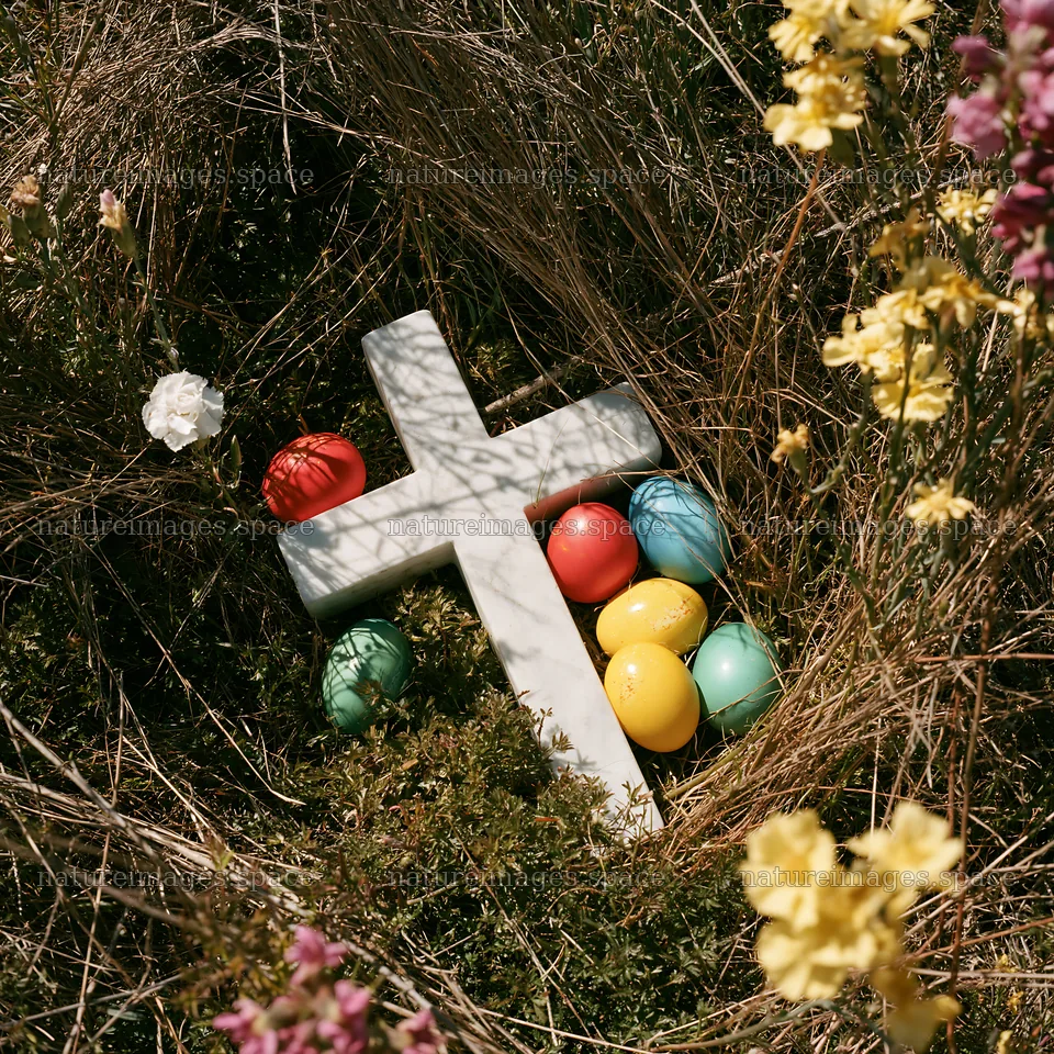 White Christian cross and Easter eggs in a meadow – nature images 7938x7938
