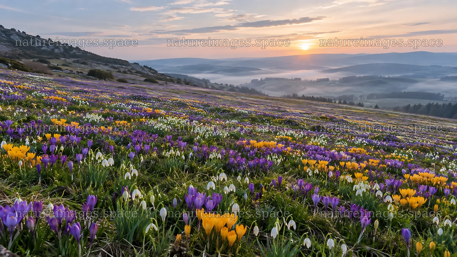 Spring Bulbs on a Misty Hillside at Sunrise – nature images 10324x5812