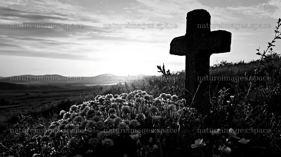 Christian cross at sunrise over meadow with flowers – nature images 10608x5938