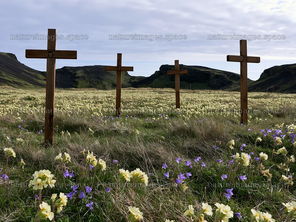 Four wooden crosses in a meadow with wildflowers in spring – nature images 9174x6866
