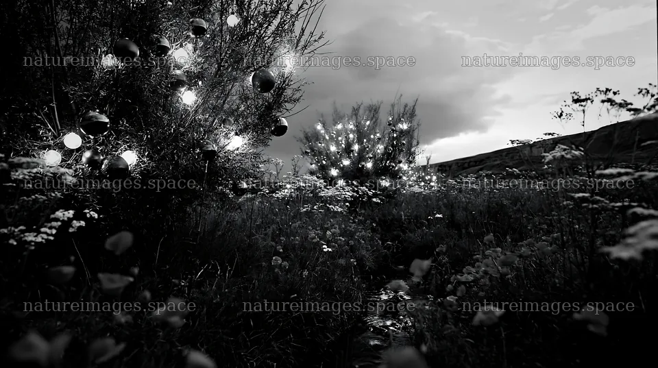 Christmas ornaments above stream in meadow at dusk – nature images 10608x5938
