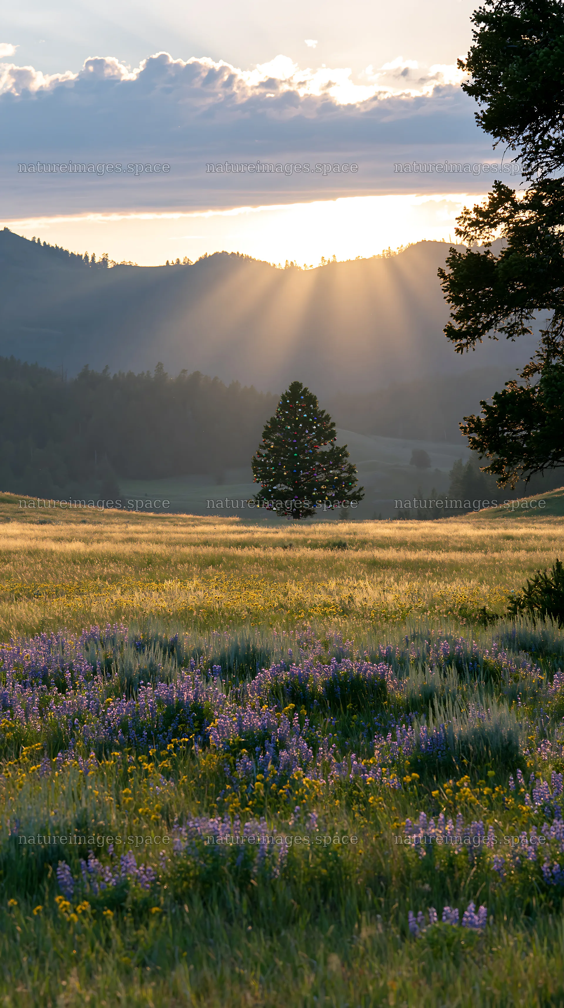 Christmas tree in meadow with sunlight rays – nature images 5938x10608