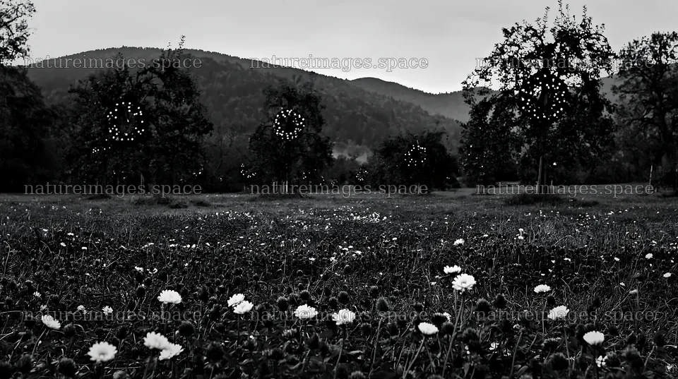 Christmas meadow with apple trees in Black Forest with lights – nature images 10608x5938