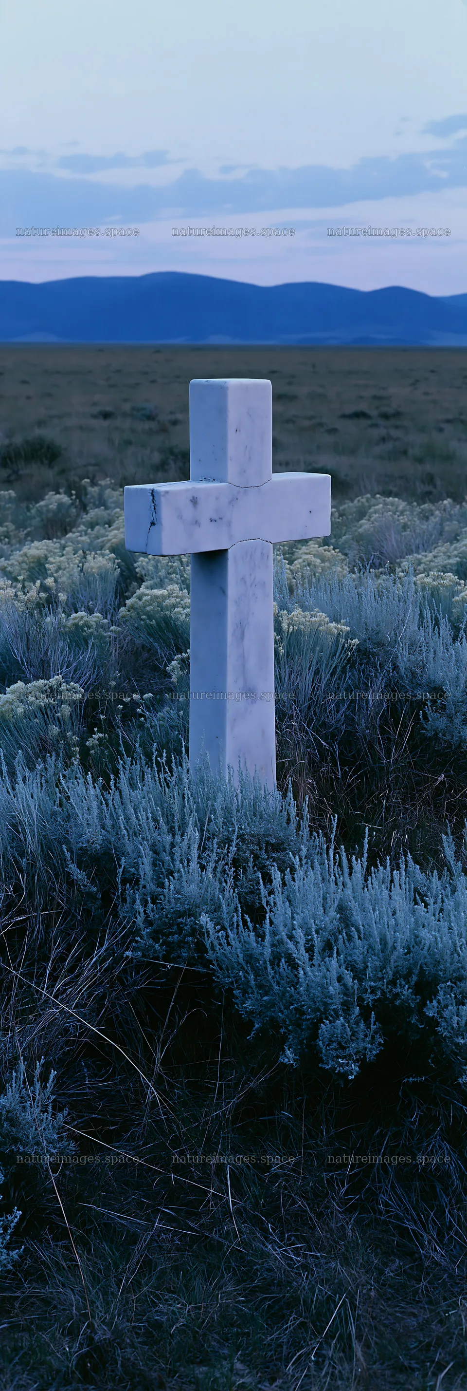 White Christian cross in remote meadow at dusk – nature images 4602x13690