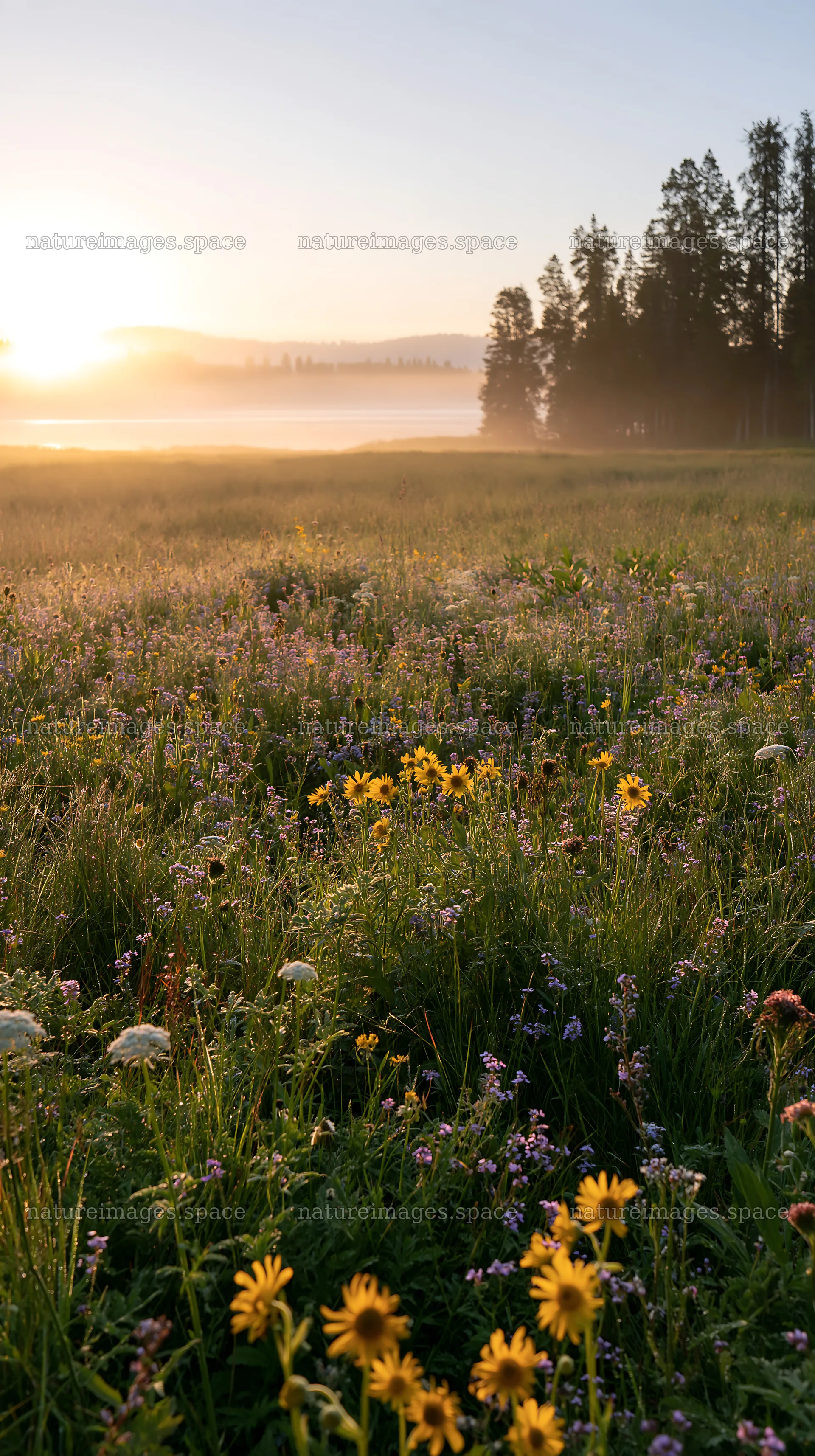 Sunlit meadow by a lake at dawn with wildflowers – nature images 5938x10608