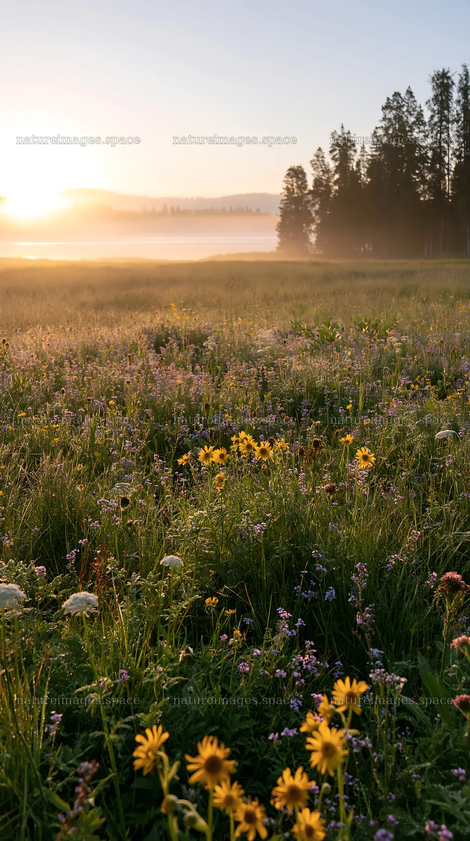 Sunlit meadow by a lake at dawn with wildflowers – nature images 5938x10608